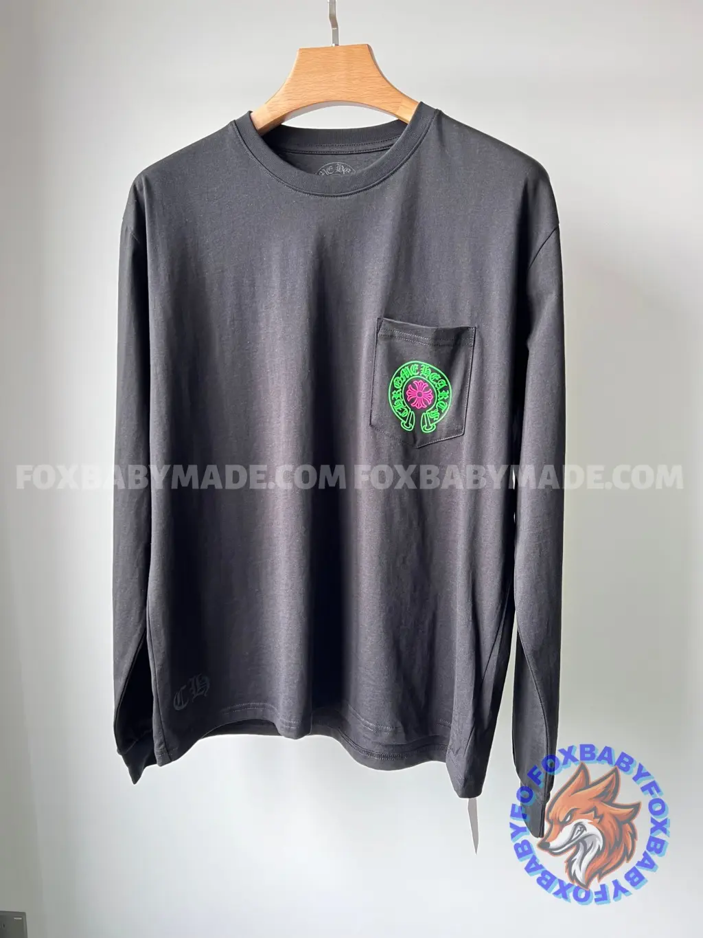 Ch STAFF Fluorescent Green Long Sleeve T-Shirt with Pink Cross Pocket Print